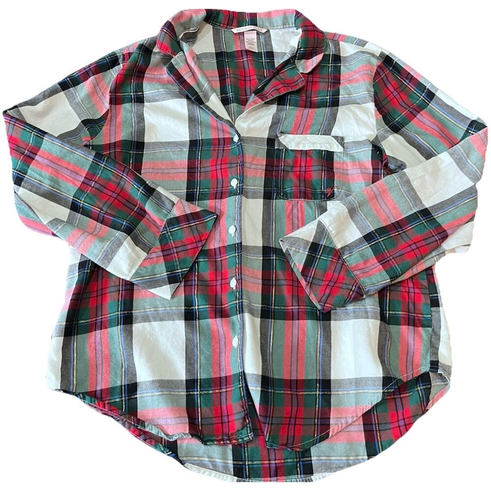 Victoria’s Secret Womens Red Plaid Flannel Sparkle Long Sleeve PJ Shirt Size Med
